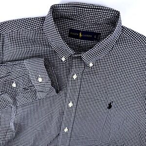 Ralph Lauren Men Large Gingham Check Button Shirt Navy Blue White Long Sleeve